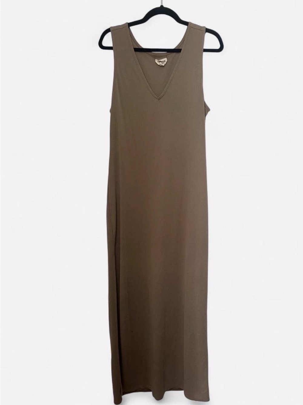 Open Edit V-Neck Sleeveless Maxi Dress in Taupe Brown with Side Slit
